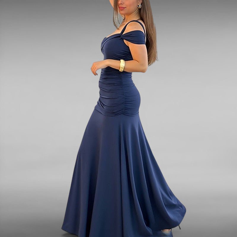 ZOFIA ATELIER navy blue polyester A-line maxi dress with off-the-shoulder neckline and ruched waist.