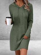 ZOFIA ATELIER olive green long sleeve hooded knit dress with drawstring detail, casual wear