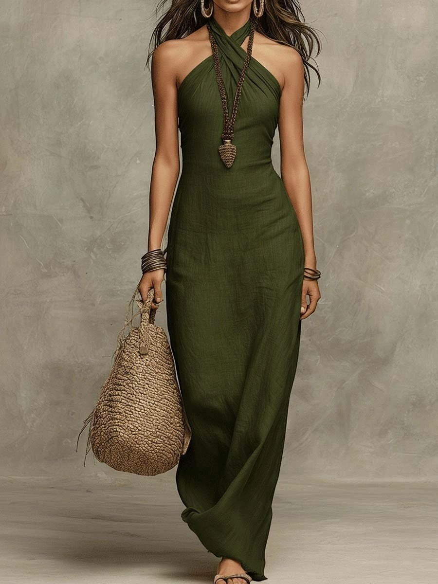 ZOFIA ATELIER olive green linen blend halter neck maxi dress with a cross-front V-neckline.