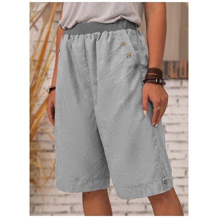 ZOFIA ATELIER PAULINA straight-leg pants in light gray cotton blend with button details and elastic waist.