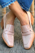 ZOFIA ATELIER chic square toe patent loafers in light pink with a wooden block heel. Perfect for professional or casual wear.