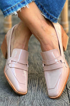 ZOFIA ATELIER chic square toe patent loafers in light pink with a wooden block heel. Perfect for professional or casual wear.