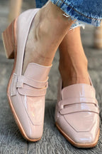 ZOFIA ATELIER chic square toe patent loafers in pale pink with double strap detail and wooden block heel.