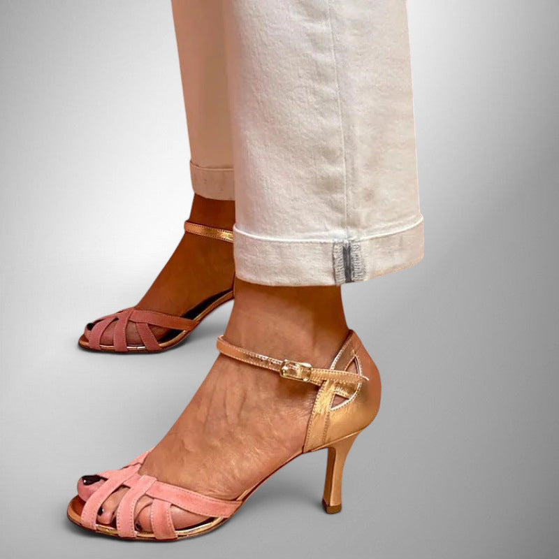 ZOFIA ATELIER pink and rose gold peep toe sandals with ankle strap and buckle closure.