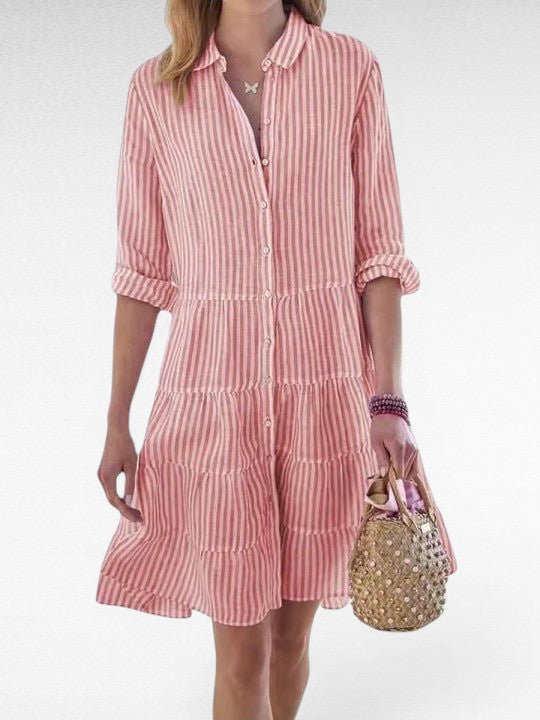 ZOFIA ATELIER pink and white striped polyester shirt dress with lapel, long sleeves, and tiered skirt.