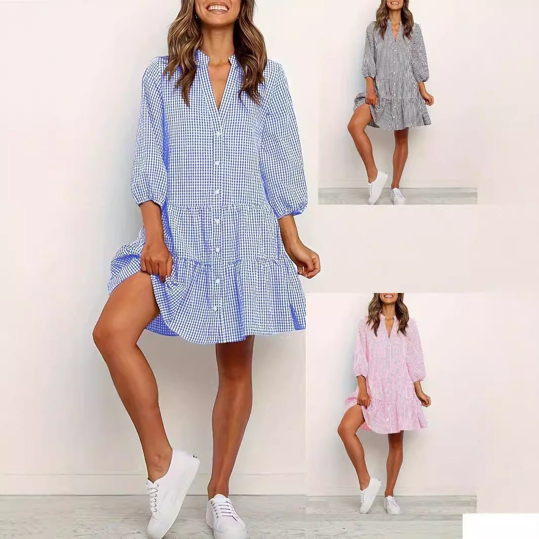 ZOFIA ATELIER blue and white gingham plaid tiered mini dress with v-neck and button front