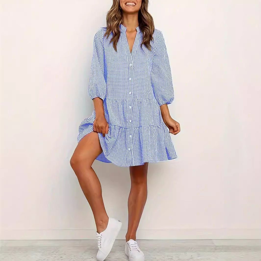 ZOFIA ATELIER blue and white plaid polyester short-sleeve tiered mini dress with button front