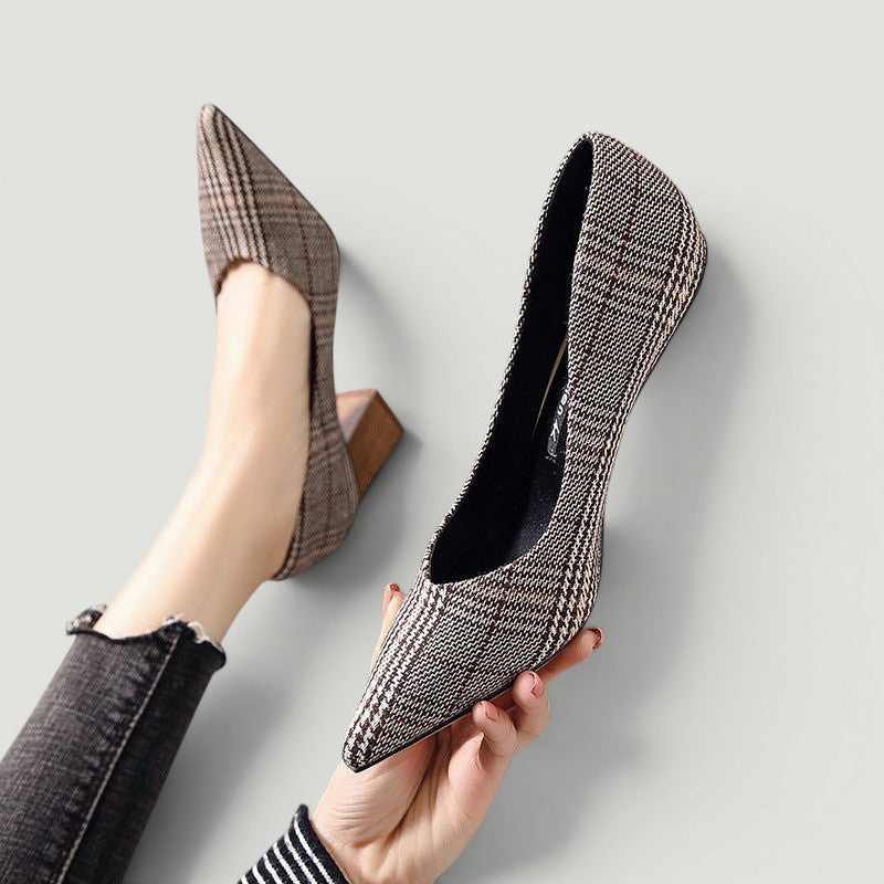 ZOFIA ATELIER brown and white plaid pointed-toe thick heeled shoes with lattice detail.