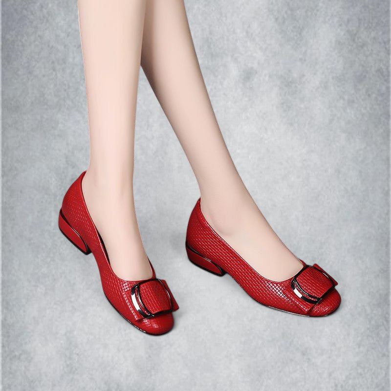 ZOFIA ATELIER red square-toe PU leather slip-on shoes with decorative buckle detail.
