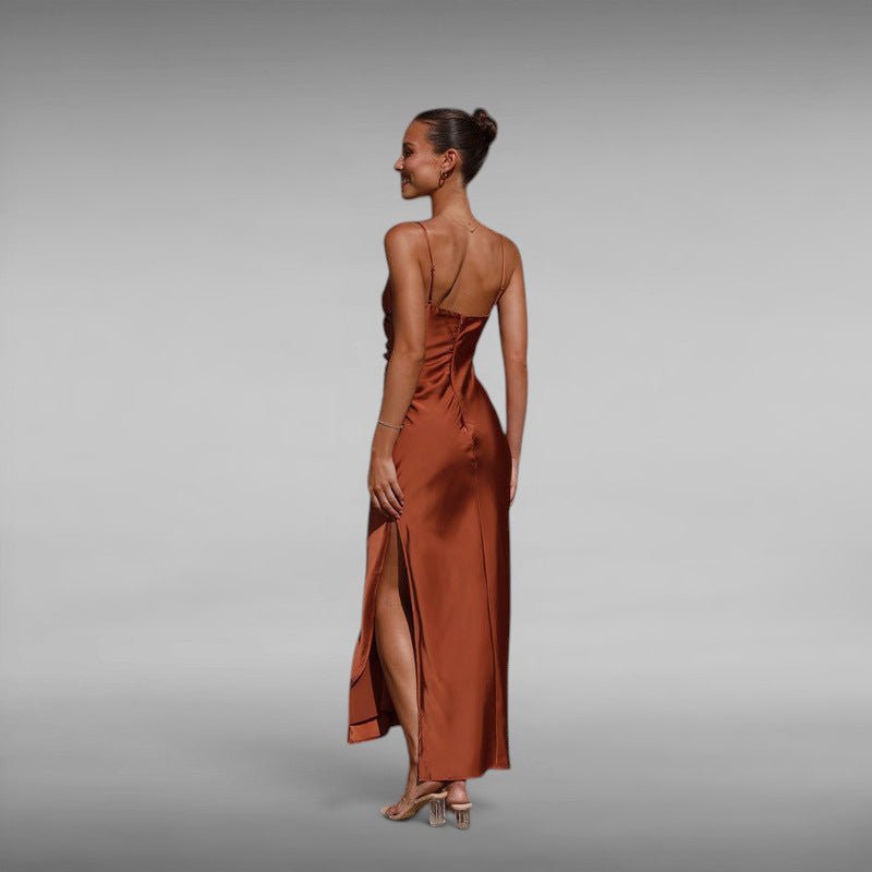 ZOFIA ATELIER rust orange satin spaghetti strap maxi dress with high slit and slim fit.