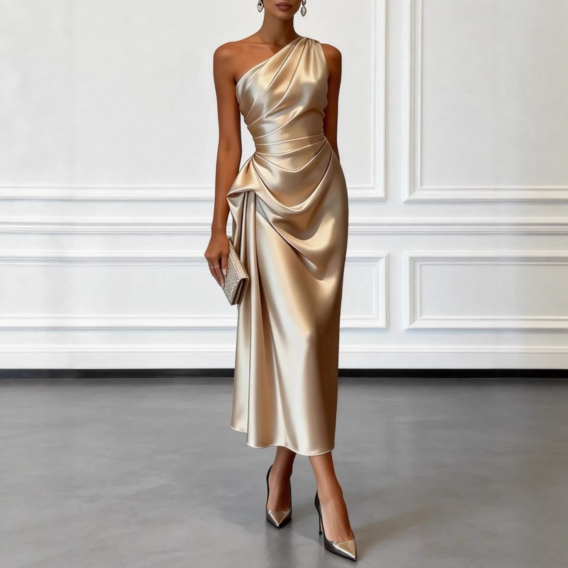 ZOFIA ATELIER champagne satin one-shoulder midi dress with waist-cinching detail and draped skirt.