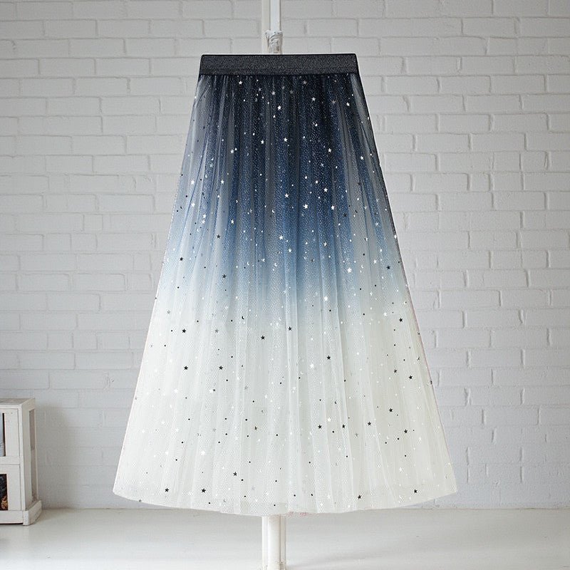 ZOFIA ATELIER white and blue ombre net yarn voluminous long skirt with sequin stars