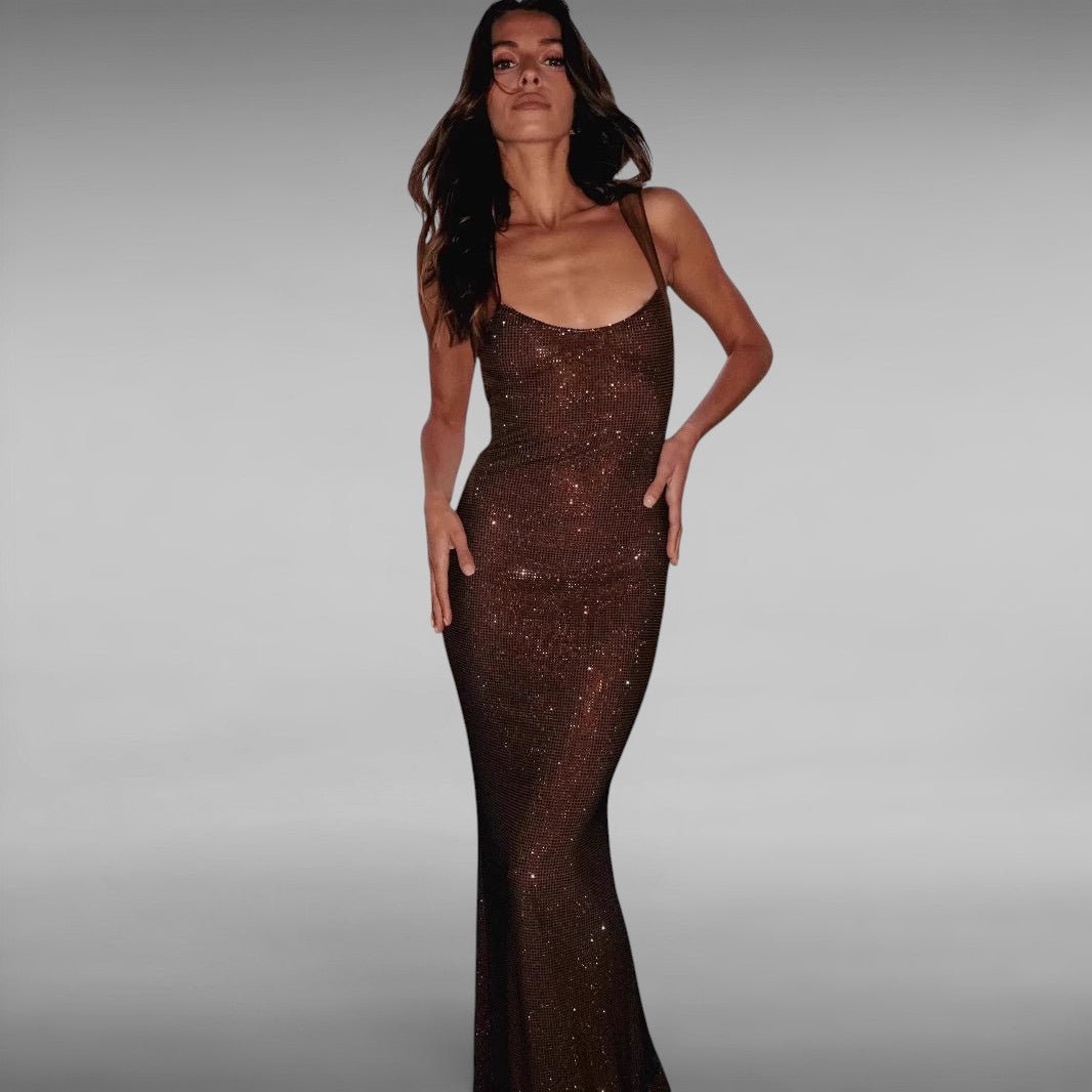 ZOFIA ATELIER ANIA shiny camisole dress in dark brown polyester with a floor-length, figure-hugging silhouette.
