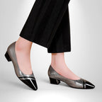 ZOFIA ATELIER silver and black pointed toe low-heel pumps with sequin details.