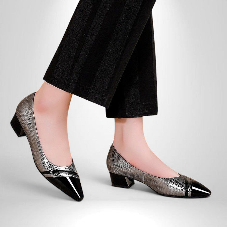 ZOFIA ATELIER silver and black pointed toe low-heel pumps with sequin details.