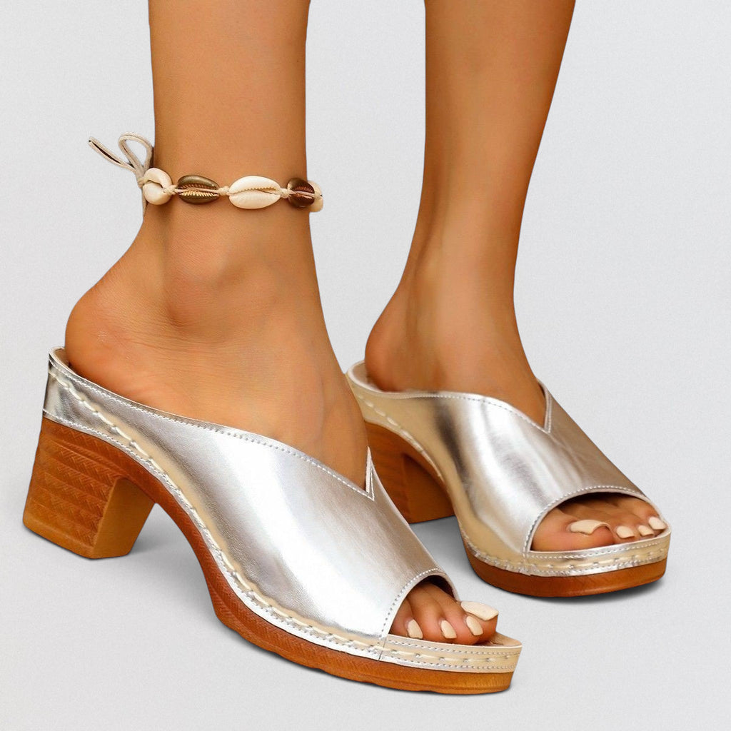 ZOFIA ATELIER silver metallic square-toe block heel slide slippers with wooden heel and seashell anklet