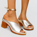 ZOFIA ATELIER silver metallic square-toe block heel slide slippers with wooden heel and seashell anklet