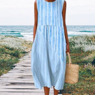 ZOFIA ATELIER sleeveless mid-length dress with blue and white vertical stripes, made of flat mop cloth.