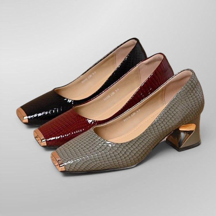 ZOFIA ATELIER snake pattern chunky heel shoes in black, red, and gray with square toes and metallic accents.