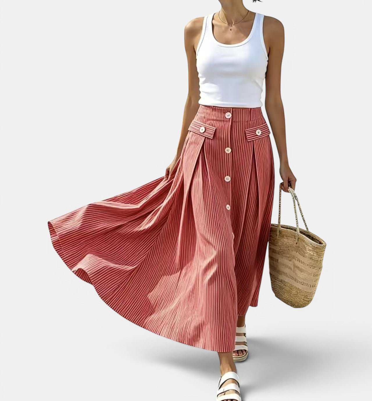 ZOFIA ATELIER red and white striped high-waisted polyester ankle-length skirt with button front and pockets.