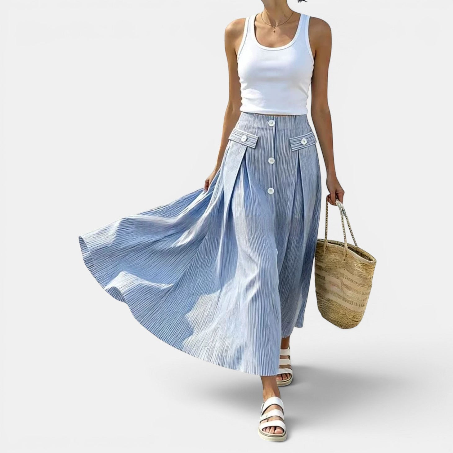 ZOFIA ATELIER blue and white striped ankle-length polyester skirt with button front and patchwork pockets.