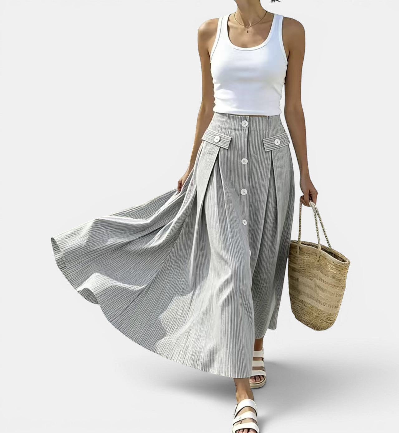 ZOFIA ATELIER grey and white striped ankle-length polyester skirt with button front and patchwork pockets.