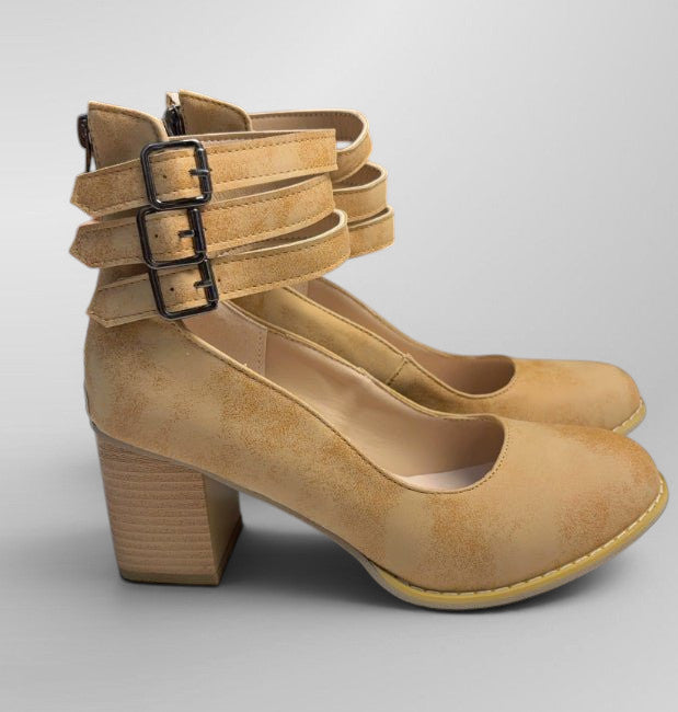 ZOFIA ATELIER tan faux leather high-top shoes with buckle ankle straps and square heel.