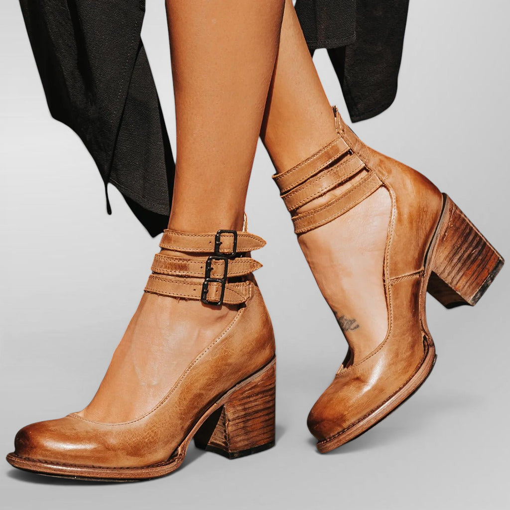 ZOFIA ATELIER tan leather high-top buckle shoes with square heel and round toe