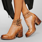 ZOFIA ATELIER tan leather high-top buckle shoes with square heel and round toe