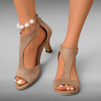 ZOFIA ATELIER taupe faux fur gladiator sandals with T-strap, peep toe, and pearl ankle bracelet.