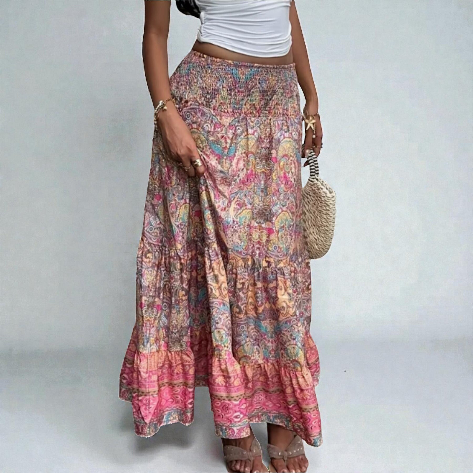 ZOFIA ATELIER artistic vintage maxi skirt with a colorful paisley print, elastic waistband, and tiered ruffles.