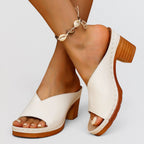 ZOFIA ATELIER white leather square-toe block heel mule slippers with a wooden-look heel and platform.